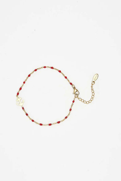 Anchor & Red Bead Adjustable Bracelet