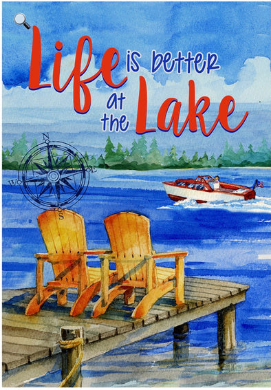 18 Inch Blue Garden Size Flag With Two Adirondack on Boat Dock and Life is Better at the Lake Phrase