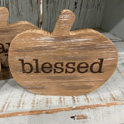 Wooden Pumpkin Cutout Sitter Featuring "Blessed" Sentiment