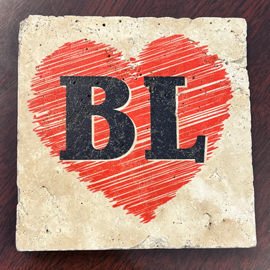 White Stone Coasters Featuring "BL" Letters With A Red Heart Background