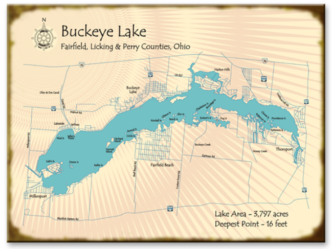 Vintage-inspired map of Buckeye Lake, Ohio