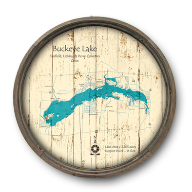 23 Inch Round Wooden Barrel End Wall Decor Featuring Buckeye Lake Map Design