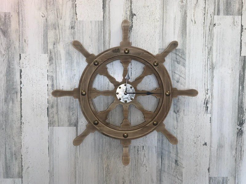 Weathered Ships Wheel Clock, Weather-Beaten Natural Colored Wooden