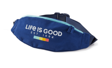 Blue Belt Bag With Light Blue Zipper And White Imprinted Life is Good Phrase