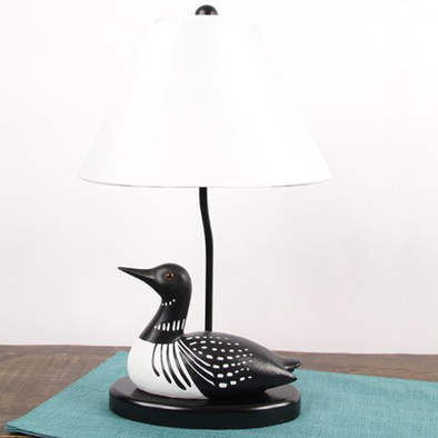 18 Inch White and Black Table Lamp Featuring White and Black Loon Sitting on the Base of the Lamp