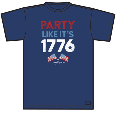 "Classic Fit Darkest Blue Crew Neck Crusher Tee With Crossed American Flag Design and Party Like It's 1776 Phrase"