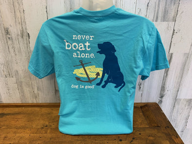 "Classic Fit Beach Blue Crew Neck Crusher Tee With Dog Sitting Beside The Anchor Design and Never Boat Alone Phrase"