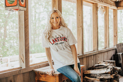 White Crew Neck Short Sleeve Tee With Plaid Paddles Design and Lake Girl Phrase