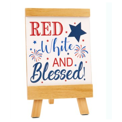 8 Inch White Wooden Easel Featuring Stars and Fireworks Design with "Red, White and Bleassed" Sentiment
