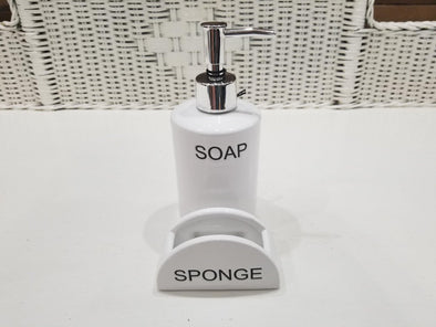 White Ceramic Soap Dispenser With Sponge Holder With Debossed Sentiment and Chrome Finish Metal Pump