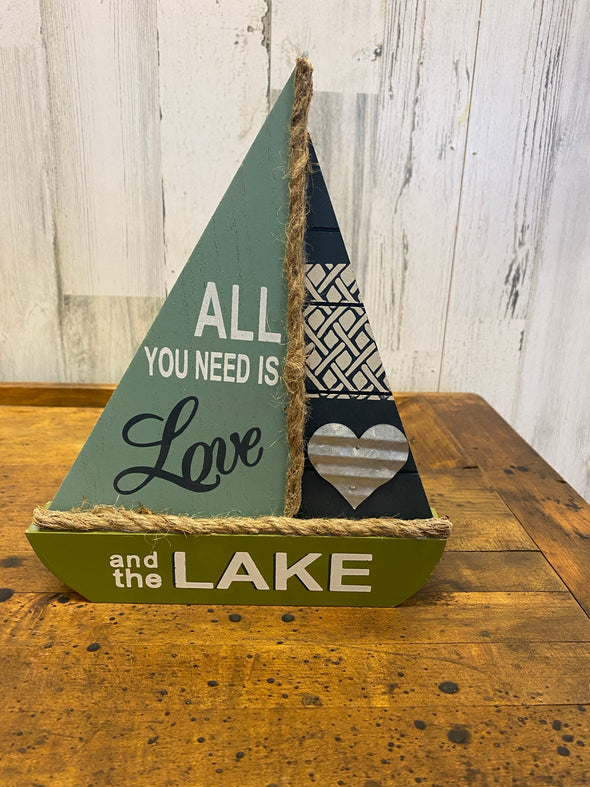 Wood Sail Boat with Lake Phrases