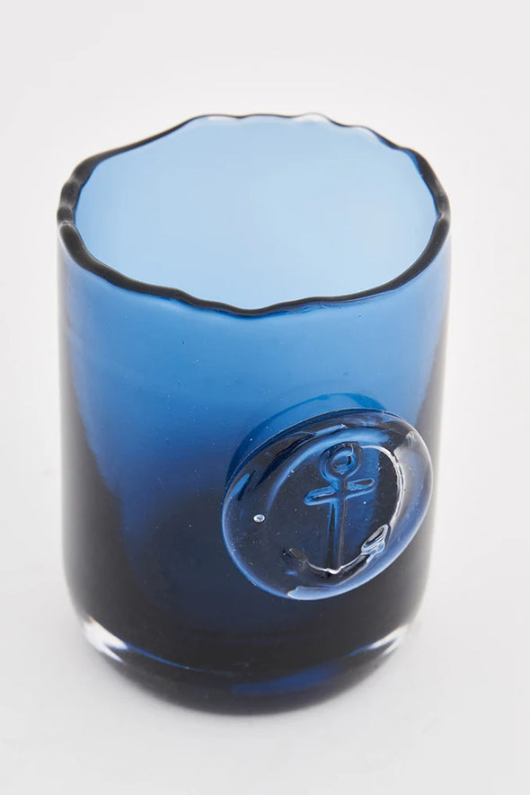 Anchor Stamped Blue Glass Candle Holder