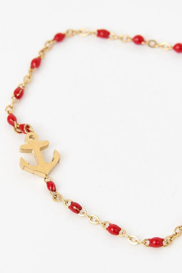 Anchor & Red Bead Adjustable Bracelet