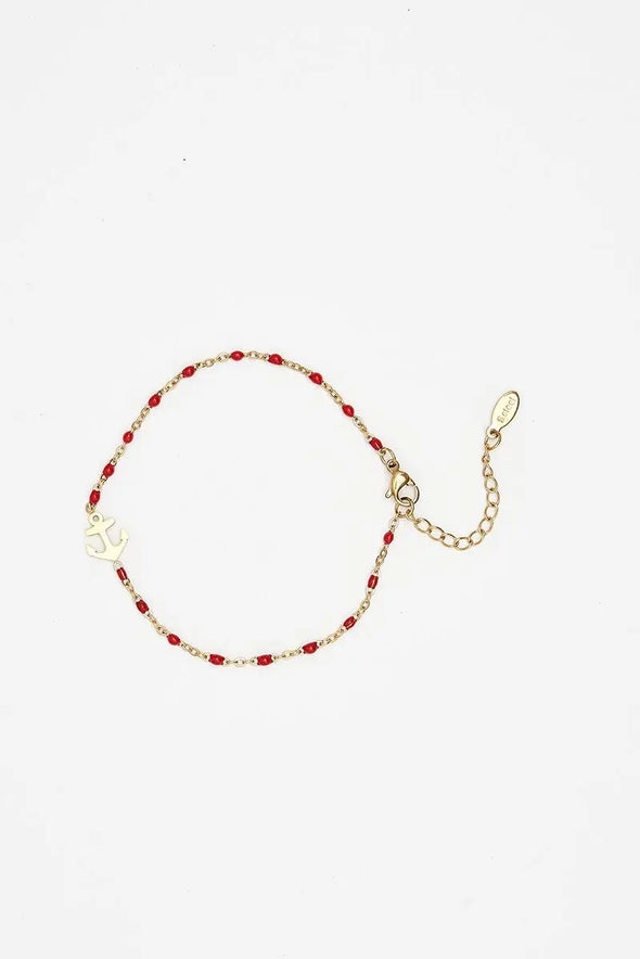 Anchor & Red Bead Adjustable Bracelet