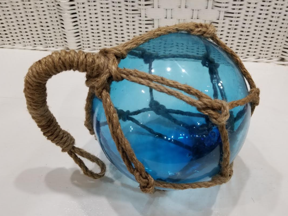 5 - 2 Cobalt Blue Glass Fishing Floats On Rope - Nautical Fish Net Buoy  Ball