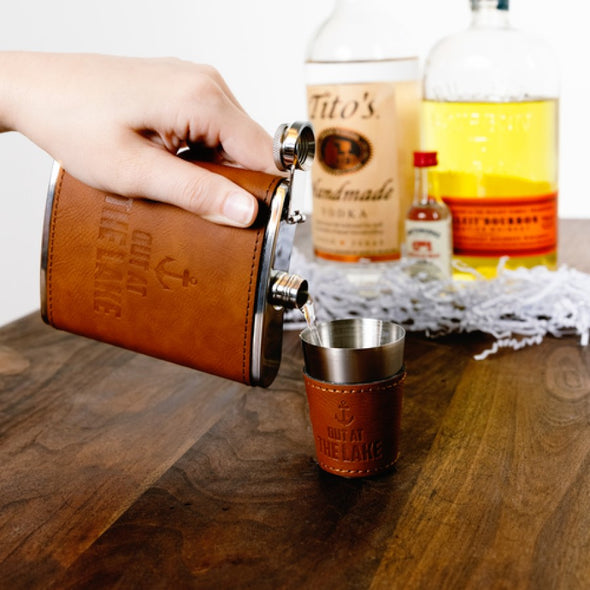Out at the Lake - PU Leather & Stainless Steel 8 oz Flask