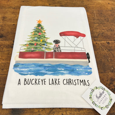 30 Inch 100% Cotton White Flour Sack Towel Featuring "A Buckeye Lake Christmas" Sentiment with a Dog and a Christmas Tree On the Pontoon Design