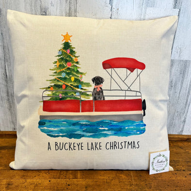 20 Inch 100% Cotton White Square Pillow Featuring "A Buckeye Lake Christmas" Sentiment with a Dog and a Christmas Tree On the Pontoon Design