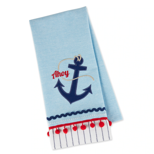 Red, White, and Blue Patriotic Designed Dishtowel Featuring Navy Blue Anchor Desgn with "Ahoy" Sentiment