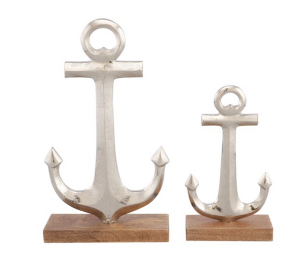 16.5 and 11.5 Inch Aluminum Anchor Statue on Wooden Base