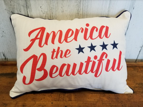 "20 Inch White Rectangular Pillow With Stars and Navy Piping Boarder Design and Red American the Beautiful Pharse"