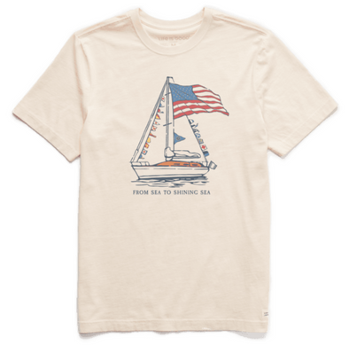 White Crew Neck Crusher Tee With Sailboat with American Flag and Other Nation's Flag Design