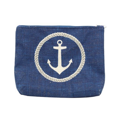 9 Inch Blue Pouch With White Anchor and Rope Around the Anchor Design