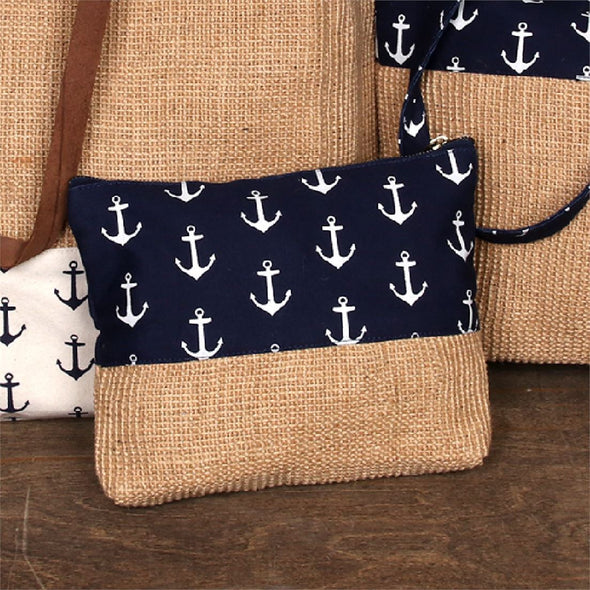 10.5 Inch Brown Canvas Jute Bag  With Navy and White Anchor Designed and Zipper Enclosure
