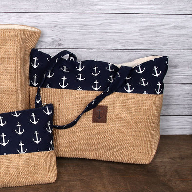 16.5 Inch Brown Canvas Jute Bag  With Navy and White Anchor Designed Leather Strap