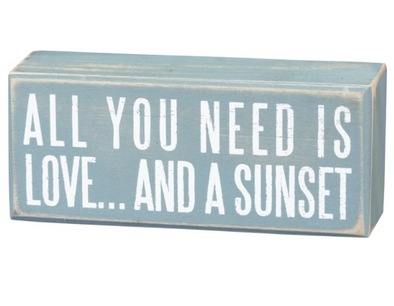 6 Inch Blue Wooden Box Sign With All You Need Is Love And A Sunset Phrase