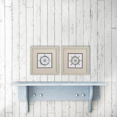 11 Inch White Wooden Framed Canvas Wall Art Featuring Ship's Wheel Design