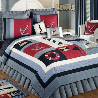Grey Black and Blue Breathable Queen Size Quilt With Squared Nautical Themed Designs