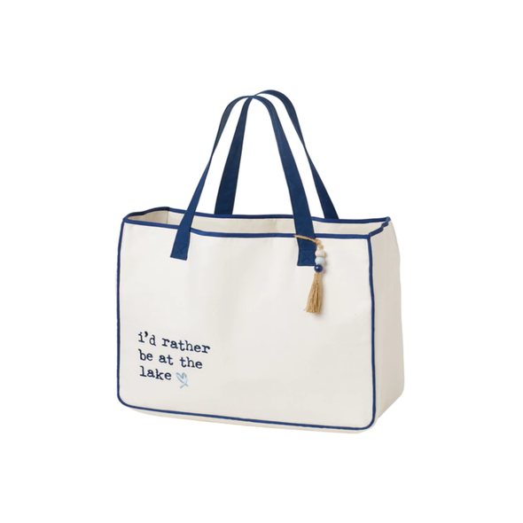 18 Inch Tote Bag In White And Blue Color On The Edge With "I'd Rather Be At The Lake" Quote