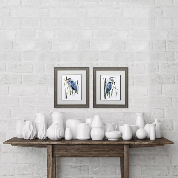 22 Inch White Wooden Framed Canvas Wall Art Featuring Blue Heron Design