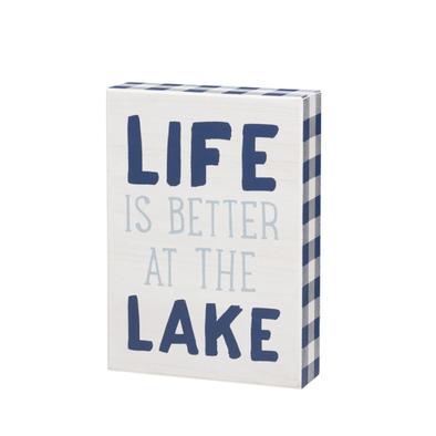 7 Inch Rectangular White Box Sign With Navy Color Life is Better at the Lake Phrase