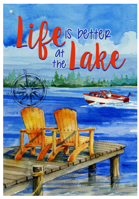 18 Inch Blue Garden Flag With Two Adirondack on Boat Dock and Life is Better at the Lake Phrase