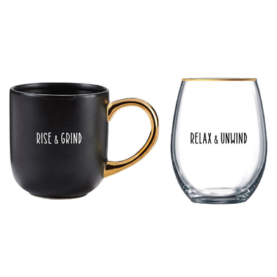 Black Mug & Stemless Wine Glass Set w/Sentiment