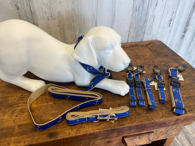 Blue and Tan Dog Collar With Mini Anchor Design