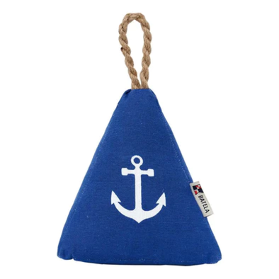 16 Centimeter Blue Door Stop With Gold Strap for Hanging and Imprinted White Anchor Design