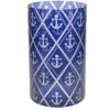 Blue Glass Jar Candle Holder Featuring Mini White Anchors Design