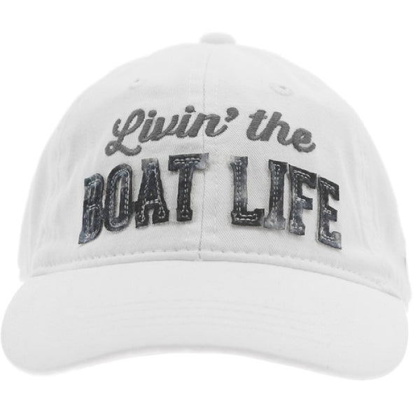 White  Adjustable Back Closure Cap Featuring Embroidered and Appliqued "Livin' the Boat Life" Sentiment