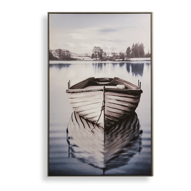 47Inch Rectangular Wall Art Painting Featuring A White Paddle Boat Floating On A Still Water Surface With Ripples And A Horizon Of Trees Beneath A Cloudy Sky. 