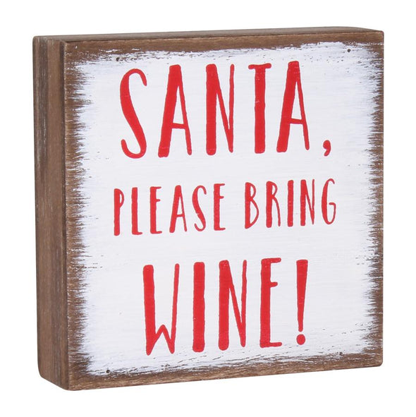 3.5 Inch Distressed White Wooden Block Sign Featuring Red "Santa, Please Bring Wine!" Sentiment