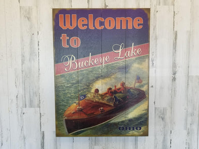 31 Inch and 23 Inch Wooden Wall Decor Sign Featuring "Welcome to Buckeye Lake Ohio" Sentiment with Boat Design
