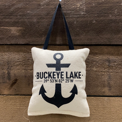 White Pillow Style Ornament Featuring Buckeye lake and Coordinates Sentiment With Anchor Design