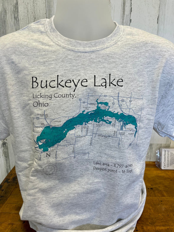 Gray Crew Neck Tee Shirt With Buckeye Lake Licking County Ohio Phrase and Map Design