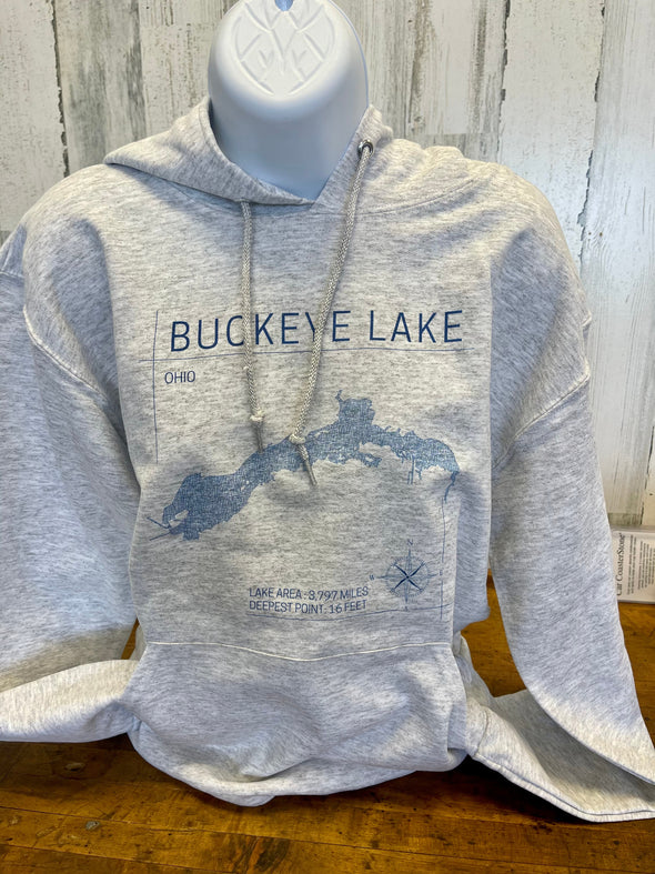 Gray Long Sleeve Hooded Sweatshirt With Front Buckeye Lake Phrase and Map