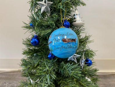 Blue Round Christmas Ornament Hanging on a Christmas Tree Featuring " Buckeye Lake Ohio, Living the Lake Life" Sentiment