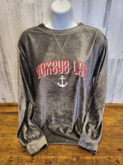 Charcoal Crew Neck Long Sleeve Sweatshirt With Imprinted Anchor Design and Buckye Lake Phrase