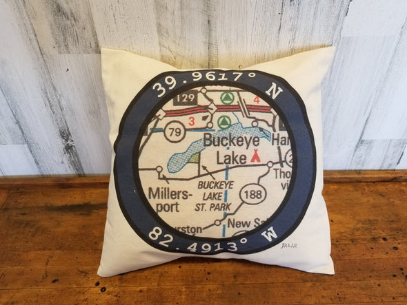 16 Inch White Square Canvas Pillow Featuring Buckeye Lake Map and Coordinates Design